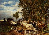 Vaches Canvas Paintings - Troupeau De Vaches A L'Abreuvoir